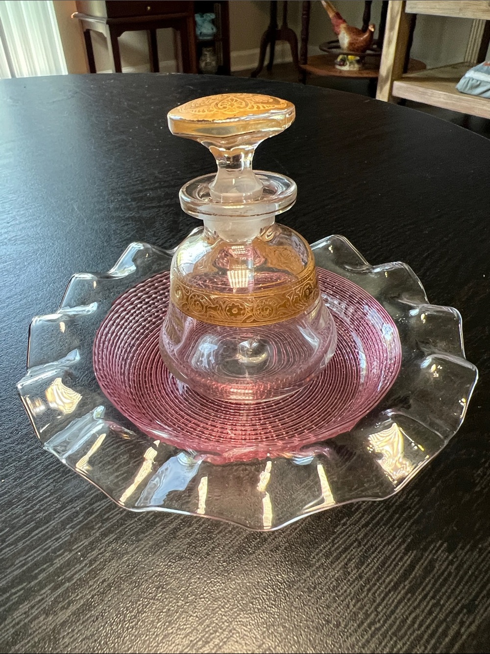 Antique Stevens & Williams Pink Threaded Glass Trinket Dish with Perfume Bottle